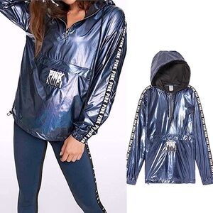 PINK VICTORIA’s SECRET Lightweight HOODIE Quarter ZIP Foil Sport BLACKSHINE M L